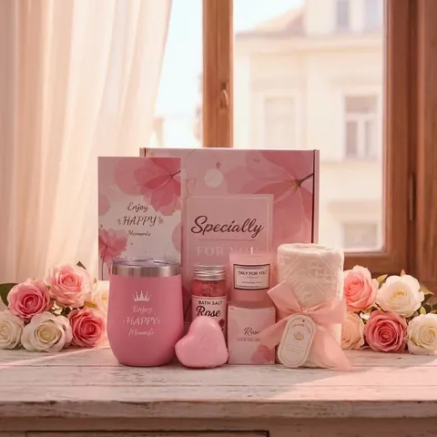 Women Spa Gift Set Pink Marble Ceramic Mug Scented Candle Bath Salts Soap Headband Best Mom Ever Birthday Gift Box for Women