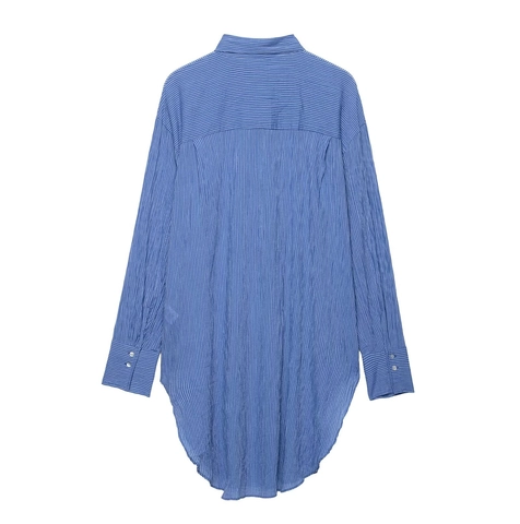 Conjunto De Camisa De Manga Larga Y Pantalones Cortos Con Rayas Verticales Azul Blanco Mujer Ropa Casual De Poliéster