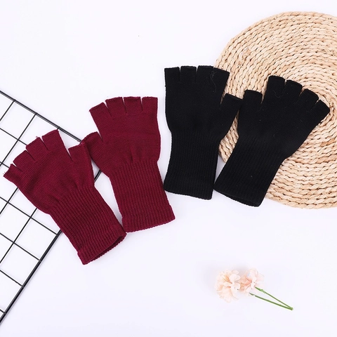 Knitted Fingerless Gloves Long Ribbed Cuff Warm Solid Color Winter Fashion Accessory