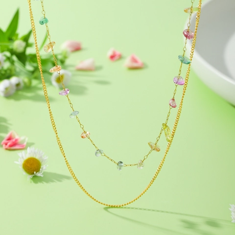Double Layered Stainless Steel Necklace With Multi Color Natural Crushed Stones Bohemian Irregular Design For Women