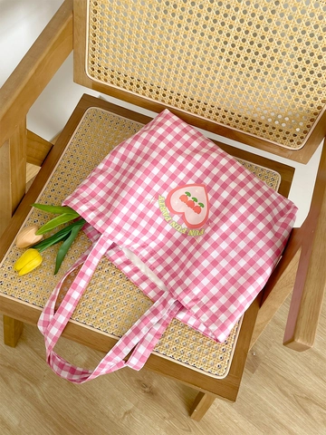 Bolso Tote De Lona Gran Capacidad Patrón De Cuadros Corazón Tulipán Impresión Algodón Compras Escuela Informal Dulce Mujer