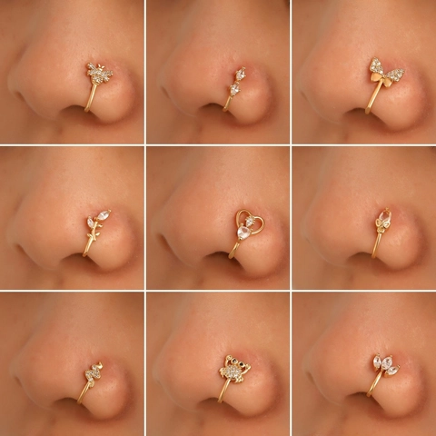 Gold Plated Copper Zircon Fake Nose Ring Non Piercing U Shaped Animal Heart Star Leaf Nose Clip For Women Jewelry
