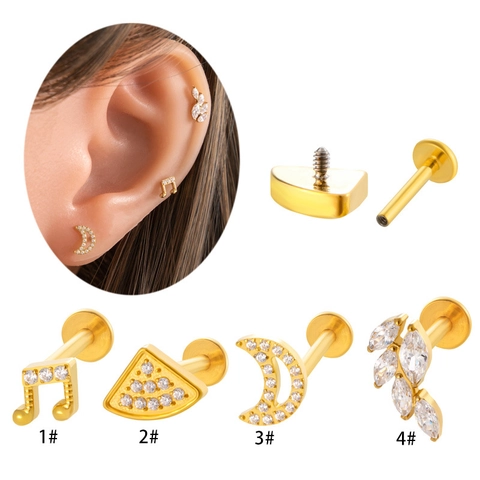 Pendiente Piercing Labret De Aleación De Titanio Circon Base Plana Rosca Interna Nota Musical Luna Triángulo Hoja Joyería Mujer