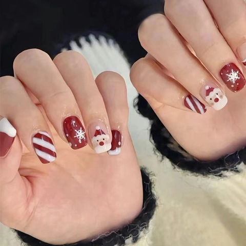 Weihnachten Künstliche Fingernägel Rot Weiß Weihnachtsmann Schneeflocke Kurze Nägel Festliche Feiertagsdekoration Für Frauen