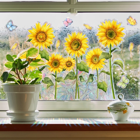 Zonnebloem Vlinder Raamstickers Regenboog Prisma Statische Glasstickers Holografische Zonvanger Film Voor Huisdecoratie