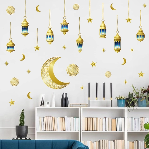 Ramadan Kareem Eid Mubarak Adesivi Murali Oro Luna Stella Lanterna PVC Decalcomanie Autoadesive Decorazione Casa