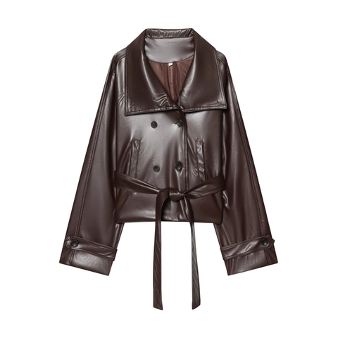 Dames PU Kunstlederen Jas Kort Double Breasted Met Riem Taille Casual Punk Biker Mantel Buitenmode Lange Mouwen