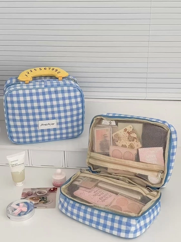 Borsa Per Trucchi In Tela A Quadretti Blu Con Manico Giallo Con Stampa Numerica Organizzatore Per Articoli Da Toeletta