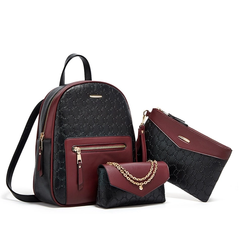 Fashion Damen Rucksack Handtasche Und Geldbörse PU Leder Geometrisch Geprägt Große Kapazität Retro Stil Reisen Täglich