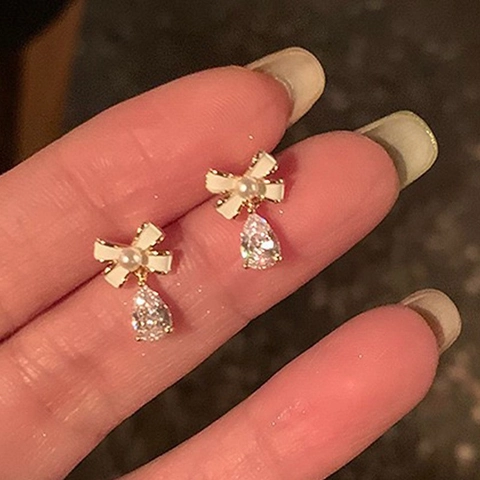 Elegant Zinc Alloy Bow Rhinestone Artificial Pearl Earrings For Women Flower Geometric Square Drop Stud Fashion Jewelry Gift