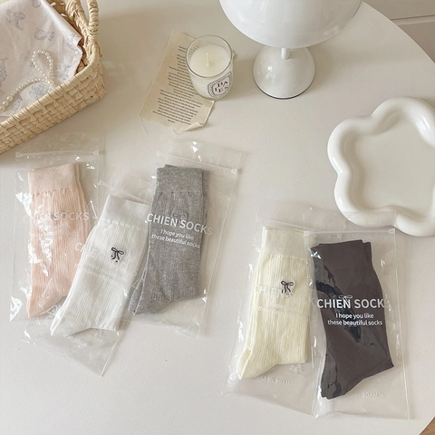 Calcetines De Media Caña Para Mujer Algodón Punto Canalé Bordado Lazo Transpirable Color Sólido Estilo Japonés Dulce