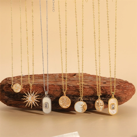 Collana Con Ciondolo Sole Conchiglia Da Donna Rame Zircone Celestiale Esagramma Stella Luna Madreperla Gioielli Boho