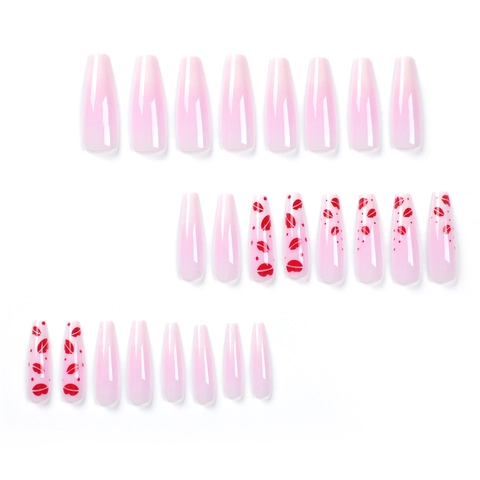 Long Coffin Press On Nails Nude Pink Gradient Red Lip Kiss Pattern French Style Glossy Artificial Fake Nails For Women