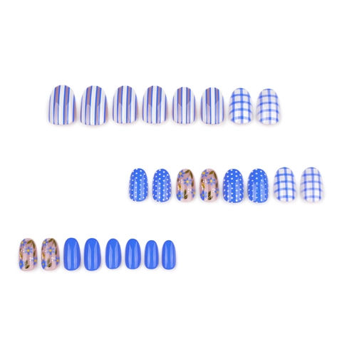 Blue White Plaid Stripe Press On Nails Short Round False Nail Tips Fresh Summer Style Resin Manicure For Women