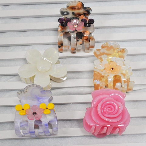 Pince À Cheveux Fleur Acétate Floral Shark Clip Strass Élégant Accessoires Cheveux Pour Femmes Style Fée