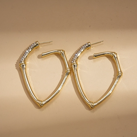 Boucles D'oreilles Géométriques En Forme De Coeur Motif Bambou Avec Strass Et Tige En Argent Sterling 925 Pour Femmes Ton Or