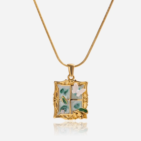 Vintage Stainless Steel Necklace For Women Gold Plated Enamel Window Frame Butterfly Pendant Floral Jewelry Elegant Gift