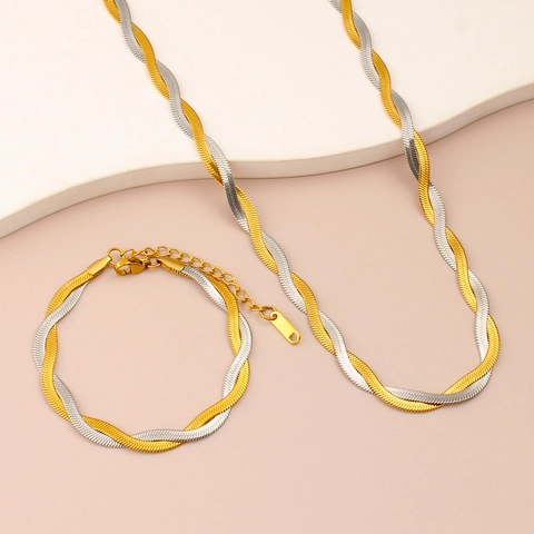 French Vintage Necklace And Bracelet 18K Gold Plated Stainless Steel Double Layer Snake Bone Braided Chain Geometric Jewelry