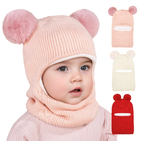 Bambini Inverno Acrilico Lavorato a Maglia Passamontagna Cappello Foderato in Pile Sciarpa con Cappuccio Integrato con Doppi Pompon Berretto Caldo Paraorecchie