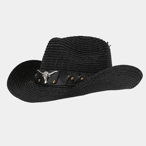 Western Cowboy Hat Straw Woven Sun Protection Outdoor Vintage Bull Head Belt Decoration For Men And Women