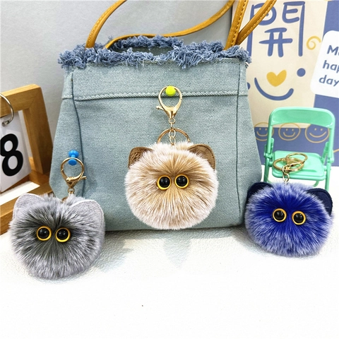 Portachiavi In Peluche Simpatico Gatto Palla Ciondolo Pelliccia Sintetica Occhi Grandi Kawaii Ornamento Per Borsa