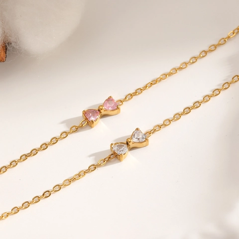 Bracciale Con Pendente A Fiocco Cuore Acciaio Inossidabile Zircone Intarsiato Placcato Oro Accessorio Moda Donna