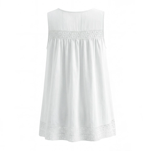 Damen Ärmelloses Mini Kleid Mit Rundhalsausschnitt Viskose Baumwolle Lochspitze Patchwork Lässige A-Linie Weiß