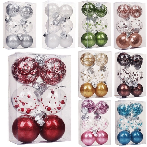 Christmas Ornaments Balls Shatterproof Transparent Plastic Baubles With Wire Beads Glitter For Holiday Tree Decoration