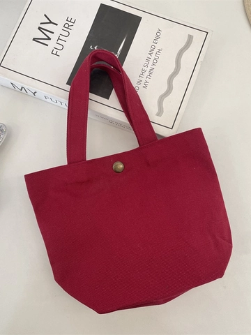 Bolso De Mano De Lona Rojo Vino Retro Simple Bolsa De Almuerzo Portátil Con Botón A Presión De Cobre Para Mujer