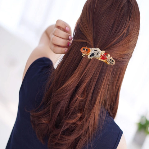 Halloween Hair Clip Alloy Rhinestone Enamel Pumpkin Ghost Skull Bat Skeleton Hand Gothic Spooky Party Headwear For Women
