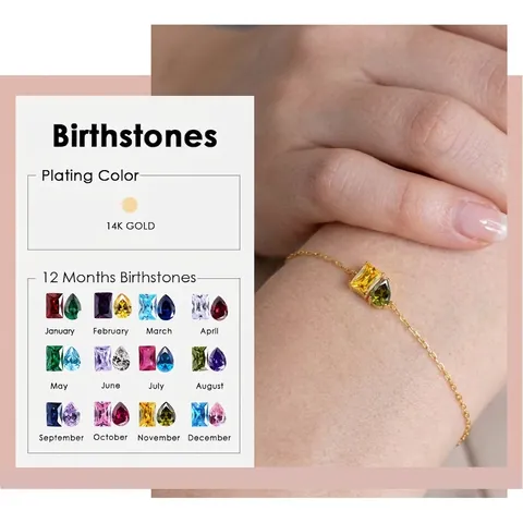 Birthstone Bracelet Stainless Steel Zirconia Double Stone 14K Gold Plated Minimalist Geometric Women Fashion Jewelry Gift