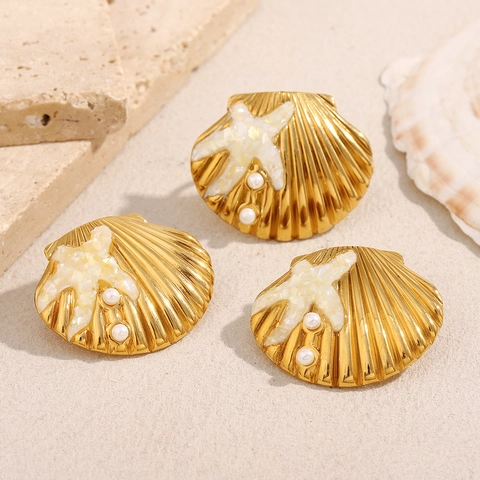 Pendientes De Estrella De Mar Y Concha Y Anillo Abierto Acero Inoxidable Chapado En Oro 18K Perla Artificial Estilo Playa Océano