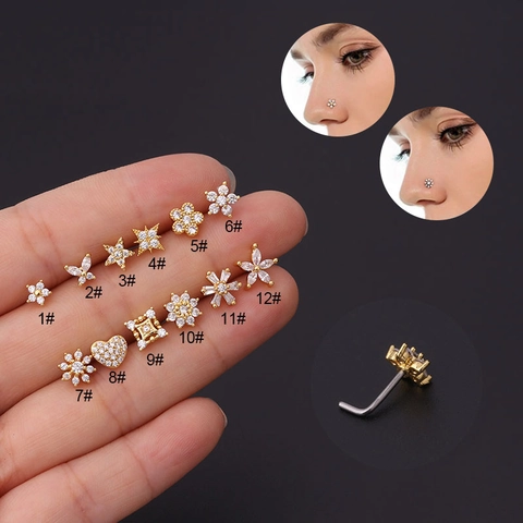 L-Shaped Nose Studs Stainless Steel Copper Cubic Zirconia Body Piercing Jewelry Flower Heart Star Styles For Women