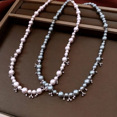 Elegante Gegradueerde Kunstparelketting Met Micro Ingelegde Zirkonia Sterbedeltjes Verstelbare Franse Stijl Voor Dames