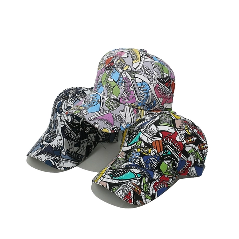 Cappello Da Baseball Con Stampa Graffiti Sneaker Poliestere Visiera Curva Streetwear Hip Hop Berretto Per Uomo Donna