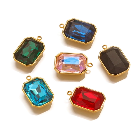 Rectangular Emerald Cut Crystal Glass Gemstone Pendant Charm Stainless Steel 18K Gold Plated DIY Jewelry Making Finding