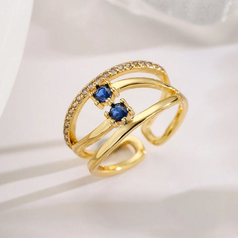 Elegante Anillo Abierto Ajustable Geométrico Hueco De Cobre Chapado En Oro Con Circonita Cúbica Colorida Para Mujer