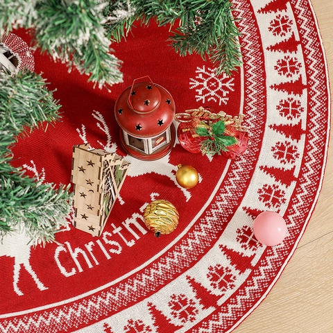 Red White Knitted Christmas Tree Skirt Reindeer Snowflake Pattern Yarn Round Xmas Holiday Home Decor