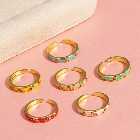 Enamel Flower Open Ring Copper Gold Plated Adjustable INS Style Sweet Floral Finger Jewelry For Women