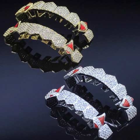 Hip Hop Vampier Slagtanden Grillz Voor Heren Dames Koper Zirconia Goud Zilver Vergulde Tanden Sieraden Voor Halloween