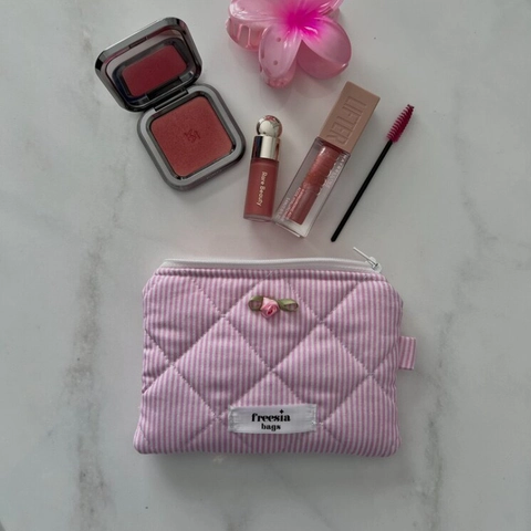 Quilted Cotton Cosmetic Bag Gingham Checkerboard Print Makeup Pouch Heart Cherry Bow Portable Storage For Women