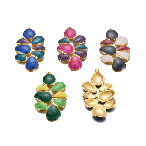 Stainless Steel Enamel Flower Leaf Pendants For Earrings DIY Jewelry Making Findings Colorful Oil Drip Charms