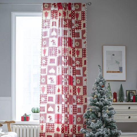 Christmas Curtain Cotton Linen Plaid Patchwork Heart Button Pattern Tassel Fringe American Retro Holiday Window Decor