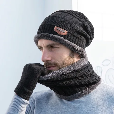 Winter Knit Beanie Hat Neck Warmer Touchscreen Gloves Acrylic Fleece Lined Thermal Windproof Outdoor Sports For Men Boys