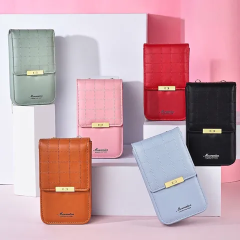 Women Quilted PU Leather Mobile Phone Bag Multilayer Crossbody Wallet With Gold Metal Buckle And Adjustable Strap
