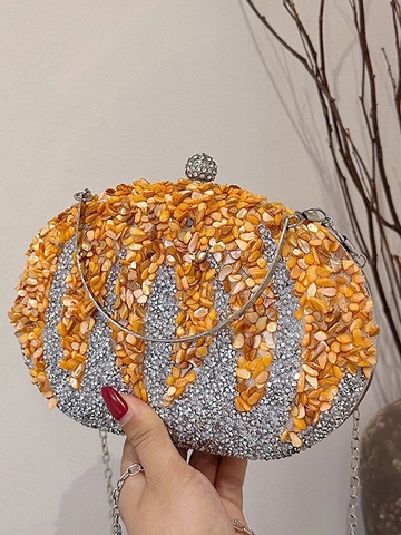 Bolso De Noche PU Con Diamantes De Imitación Ovalado Forma Calabaza Incrustación Concha Con Correa Cadena Metal Para Mujeres Fiesta Boda