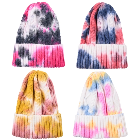 Tie Dye Knit Beanie Hat Soft Yarn Cable Ribbed Cuff Warm Winter Outdoor Fashion Unisex