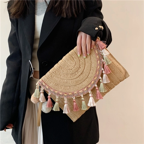 Straw Woven Clutch Bag Bohemian Ethnic Style Crossbody Shoulder Bag With Colorful Tassels Pom Poms Beach Vacation Women
