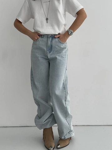 Jeans In Denim A Gamba Larga Lavati Blu Chiaro Retrò Donna Strappati Dritti In Cotone Streetwear