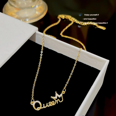 Queen Letter Pendant Necklace With Crown Titanium Steel Gold Plated Zircon Inlaid Elegant Jewelry For Women